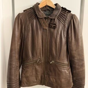 Mackage Brown Leather Jacket with Textured Finish and Rounded Collar